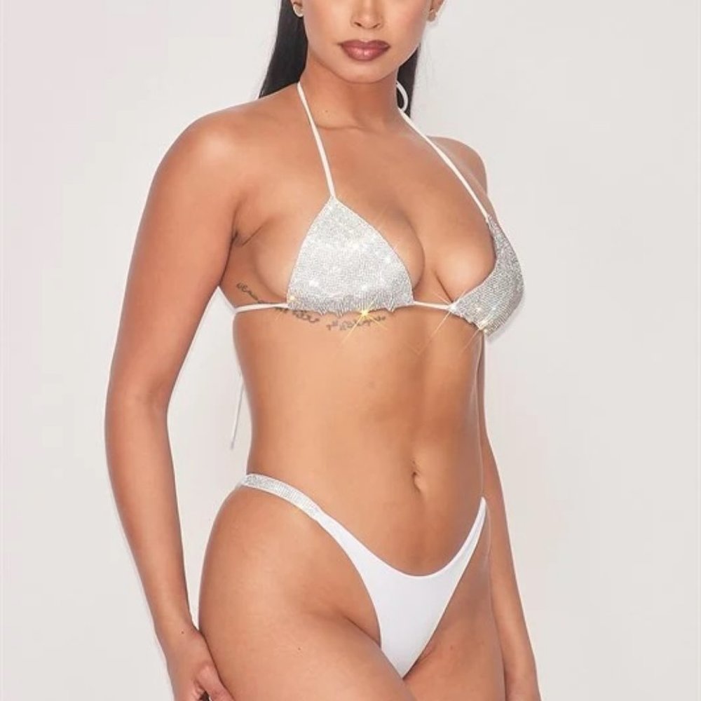 Rhinestone Studded Top and Bottom Bikini Swimsuit Set in White & Silver - Sz M